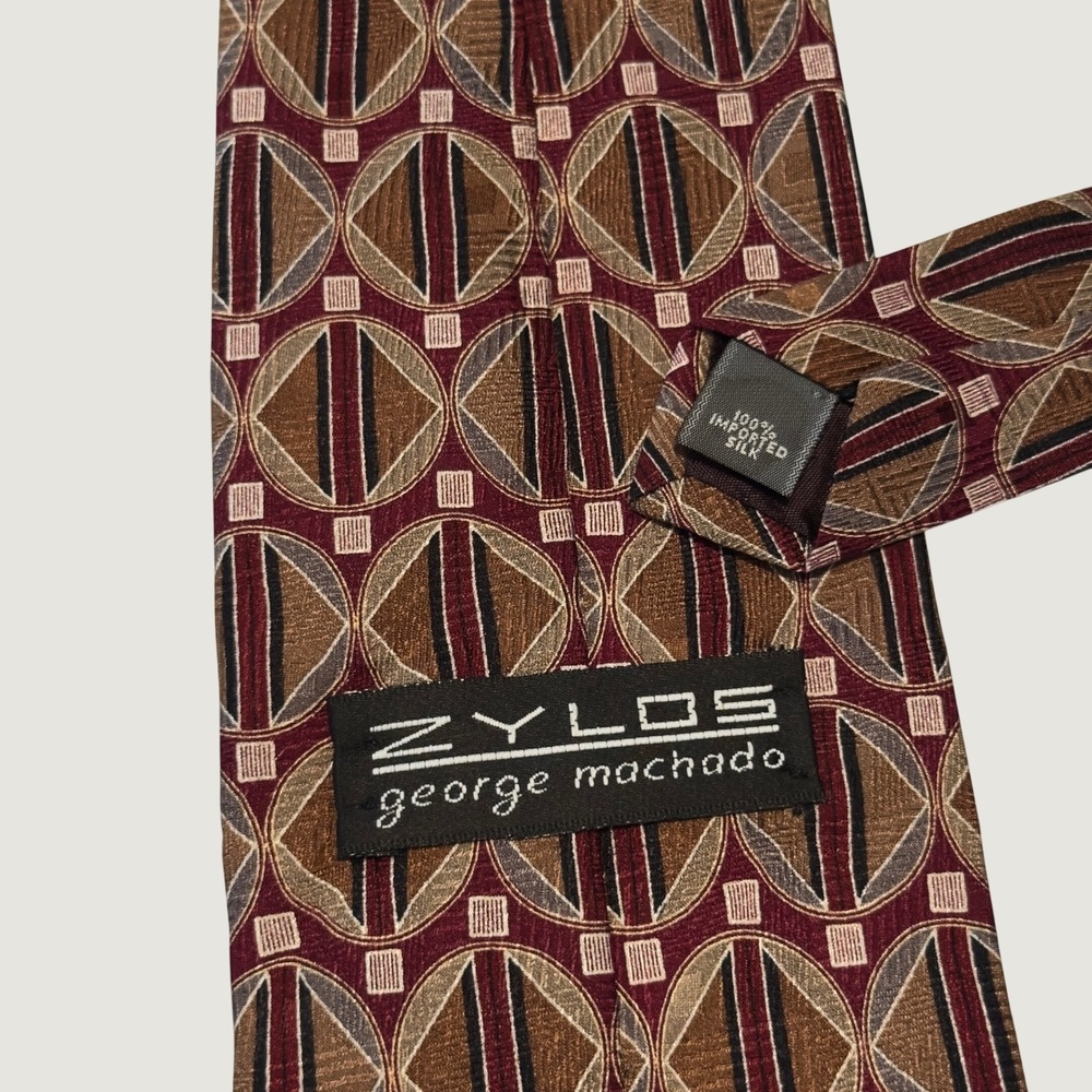 Zylos George Machado Tie Burgundy Brown Geometric Silk Vintage Necktie 55x3.75" - Picture 3 of 5